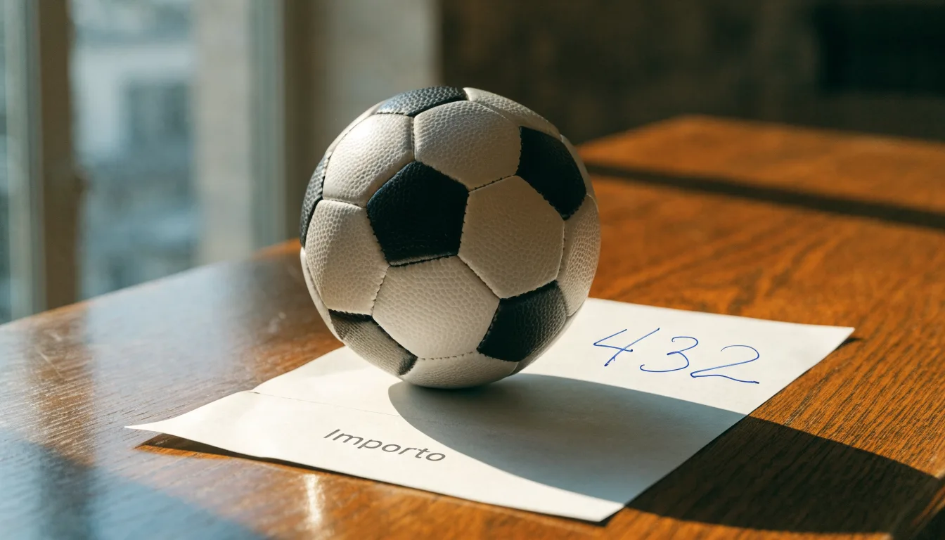 Un pallone da calcio appoggiato su una schedina bianca su un tavolo di legno, alla luce del giorno