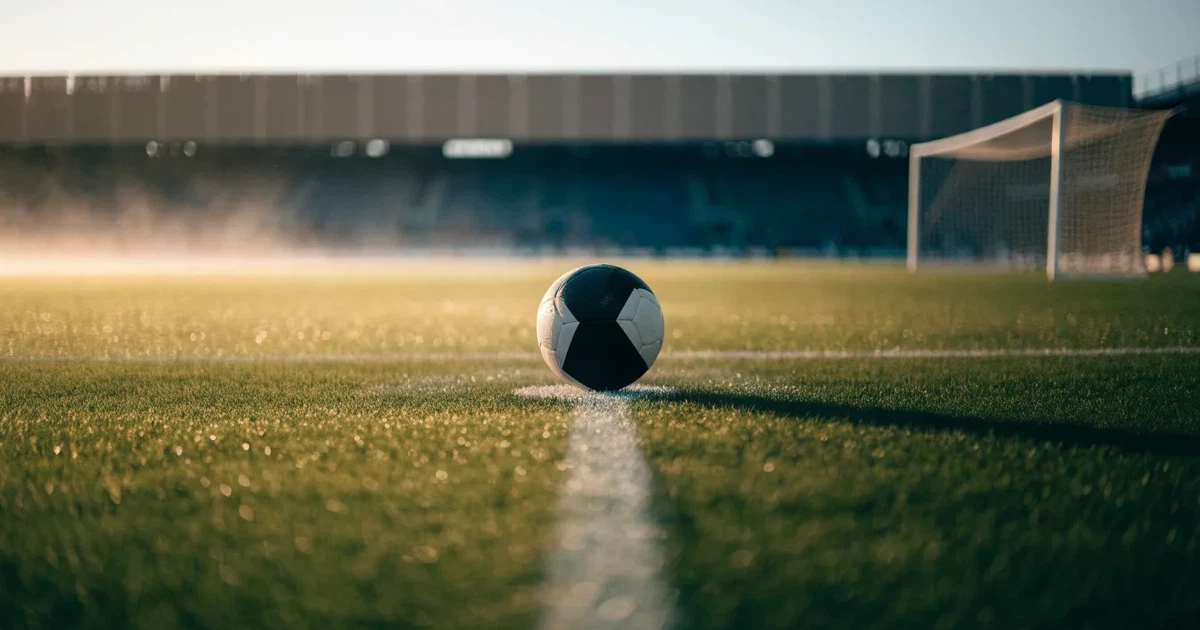 Un pallone da calcio sul dischetto del centrocampo di un prato, alla luce del mattino