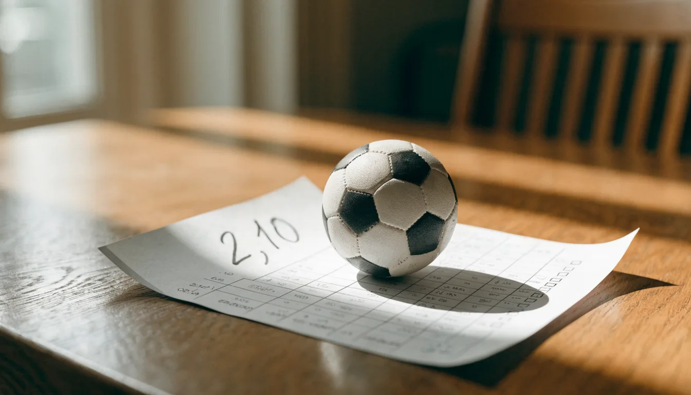 Un pallone da calcio appoggiato su una schedina bianca su un tavolo di legno, alla luce del giorno
