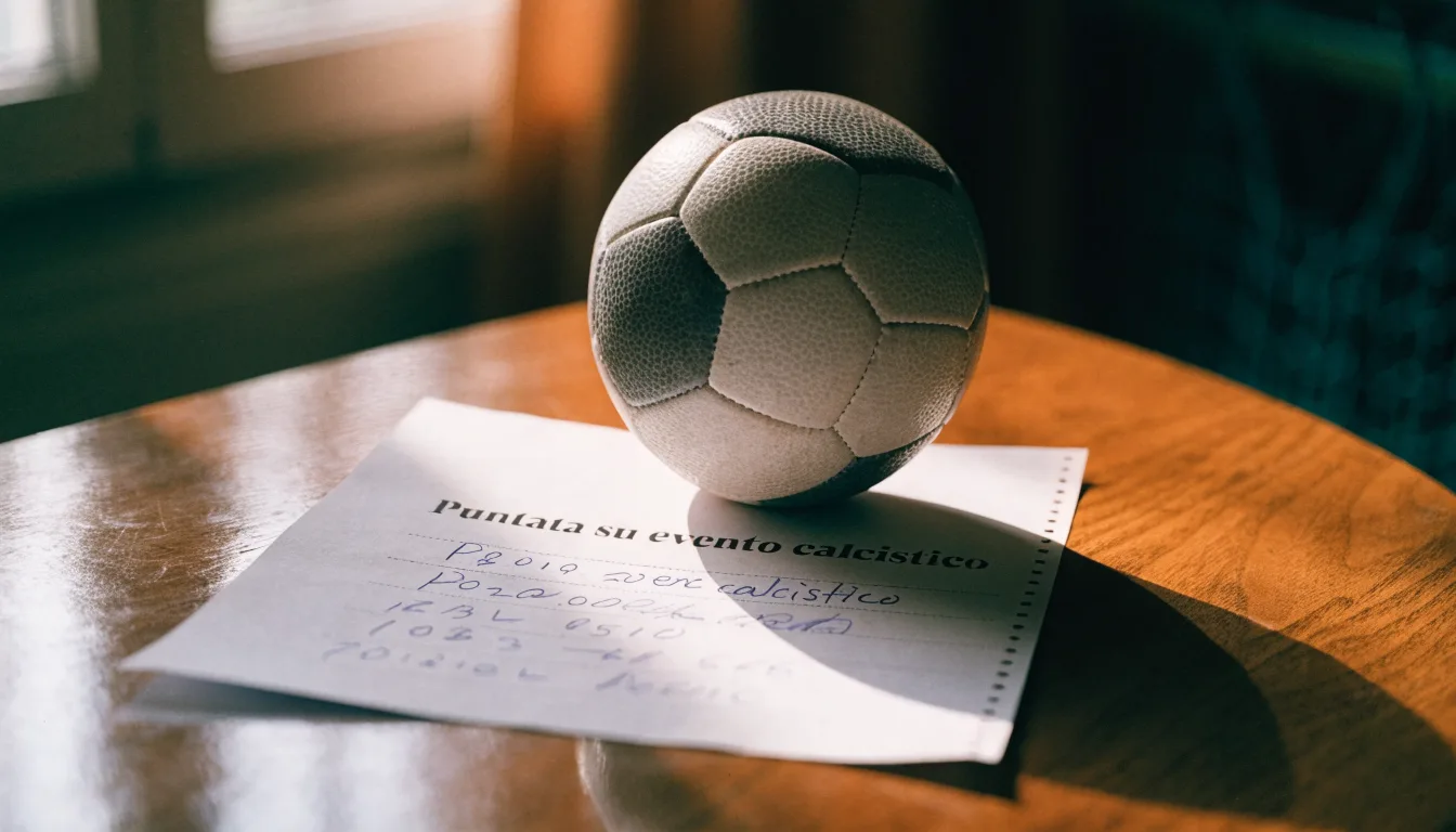 Un pallone da calcio appoggiato su una schedina bianca su un tavolo di legno, alla luce del giorno