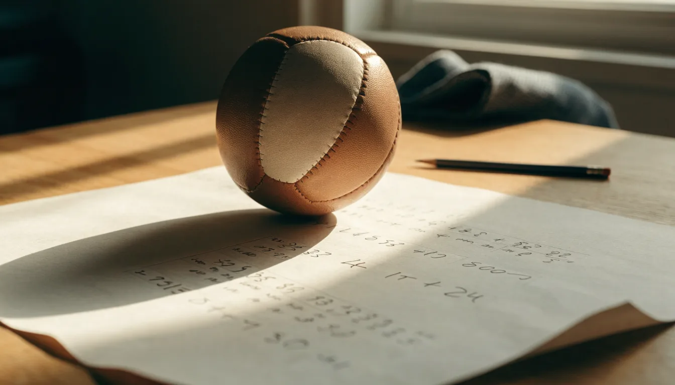 Un pallone da calcio appoggiato su una schedina bianca su un tavolo di legno, alla luce del giorno