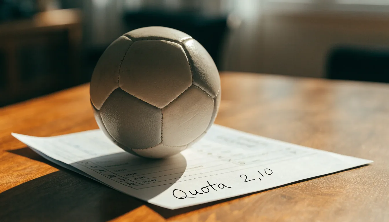 Un pallone da calcio appoggiato su una schedina bianca su un tavolo di legno, alla luce del giorno