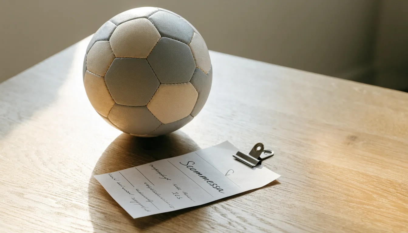 Un pallone da calcio appoggiato su una schedina bianca su un tavolo di legno, alla luce del giorno