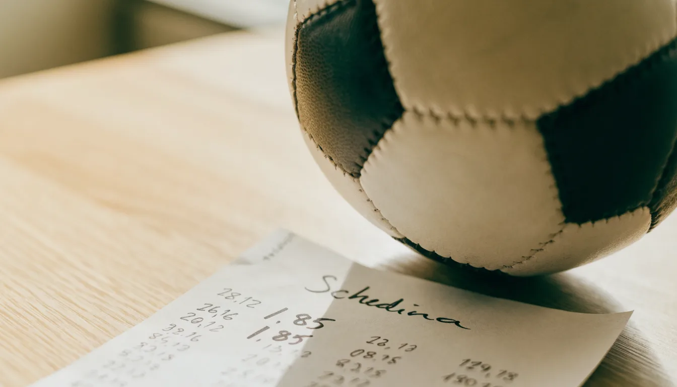 Un pallone da calcio appoggiato su una schedina bianca su un tavolo di legno, alla luce del giorno