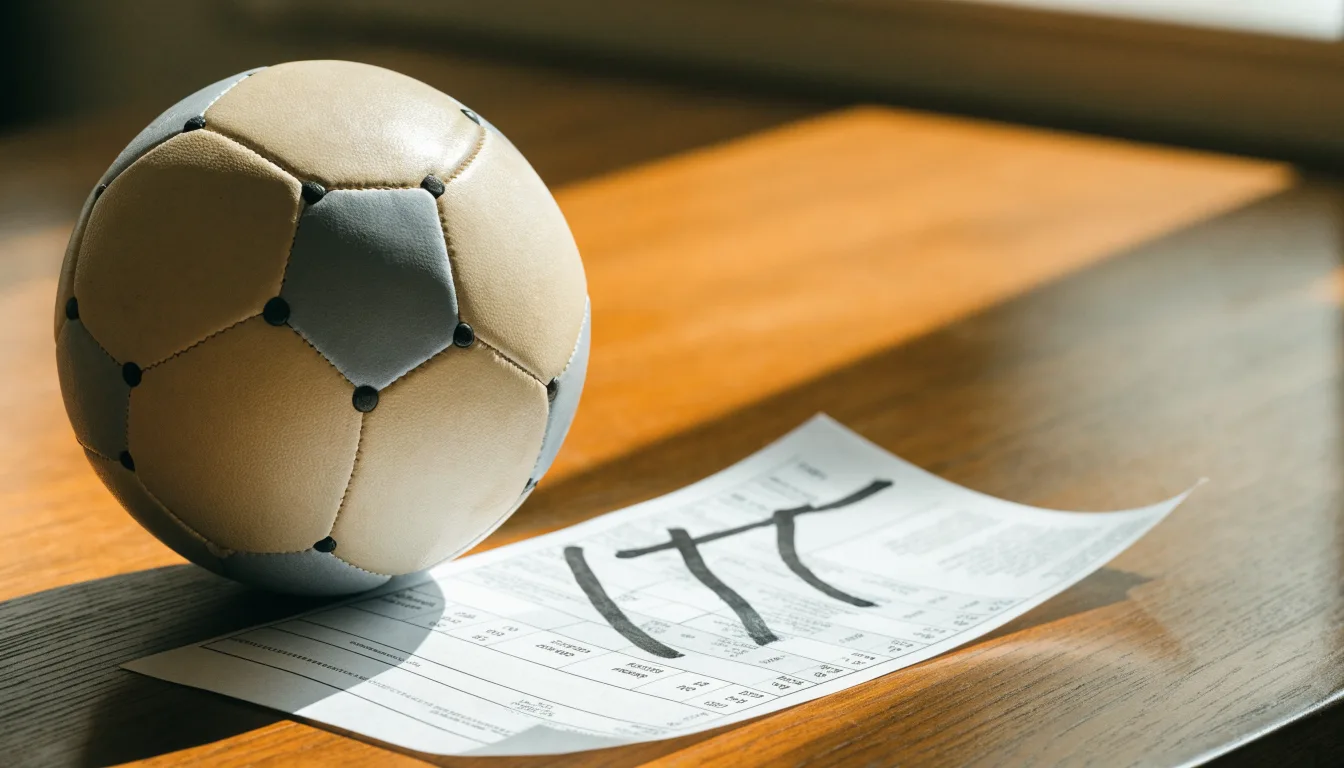 Un pallone da calcio appoggiato su una schedina bianca su un tavolo di legno, alla luce del giorno