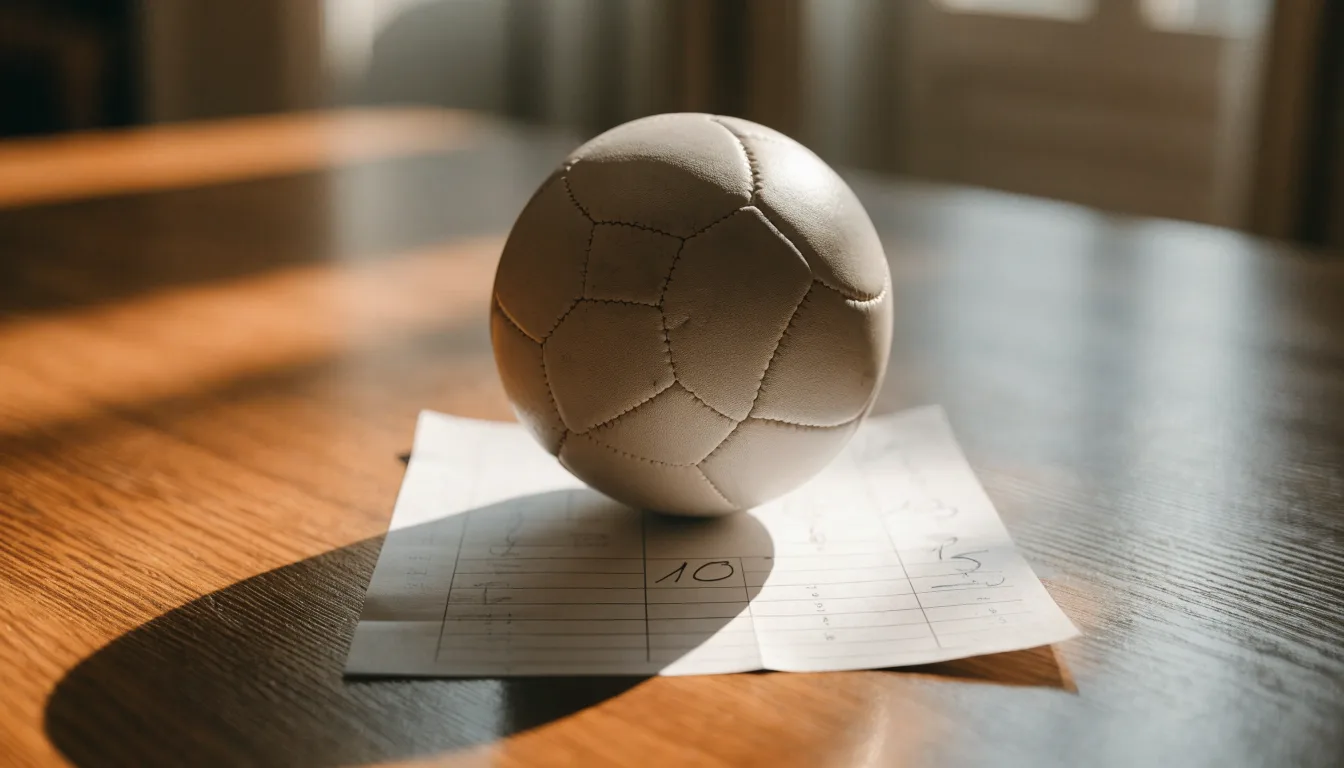 Un pallone da calcio appoggiato su una schedina bianca su un tavolo di legno, alla luce del giorno