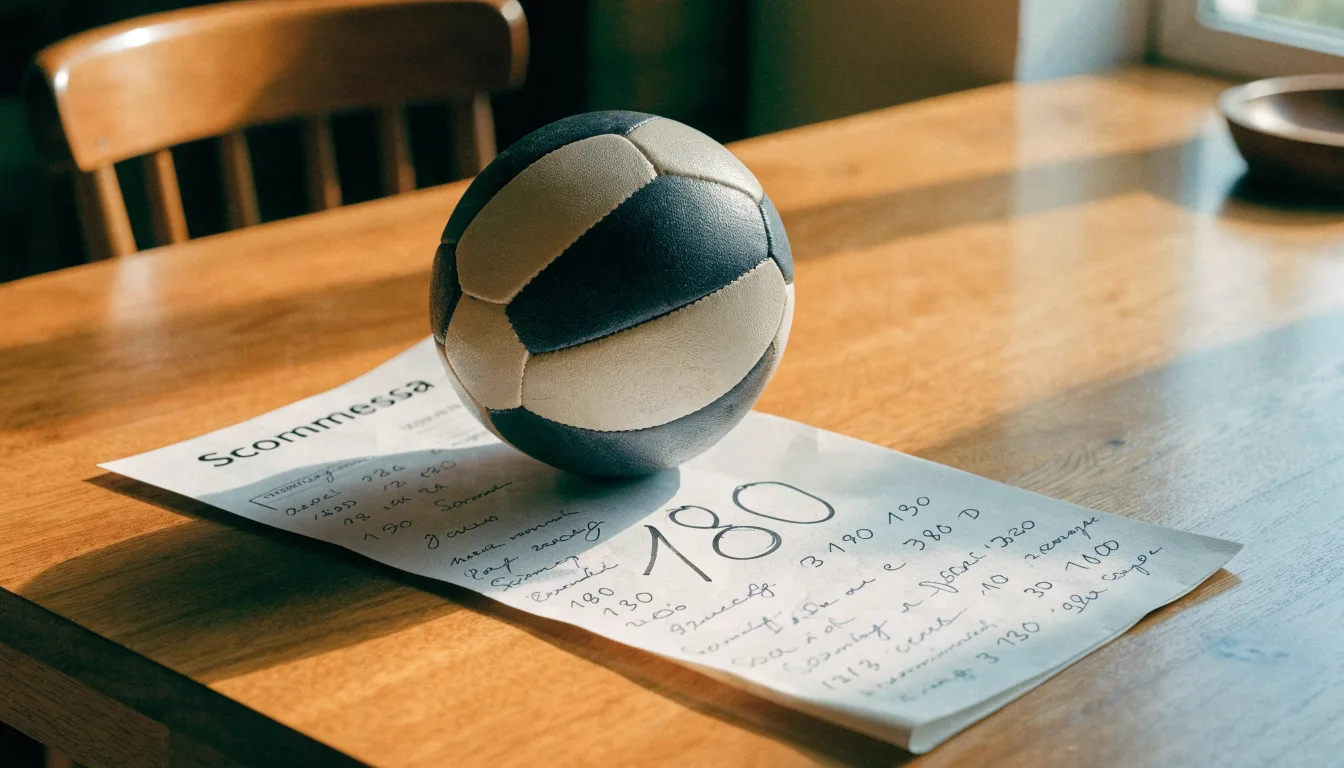 Un pallone da calcio appoggiato su una schedina bianca su un tavolo di legno, alla luce del giorno