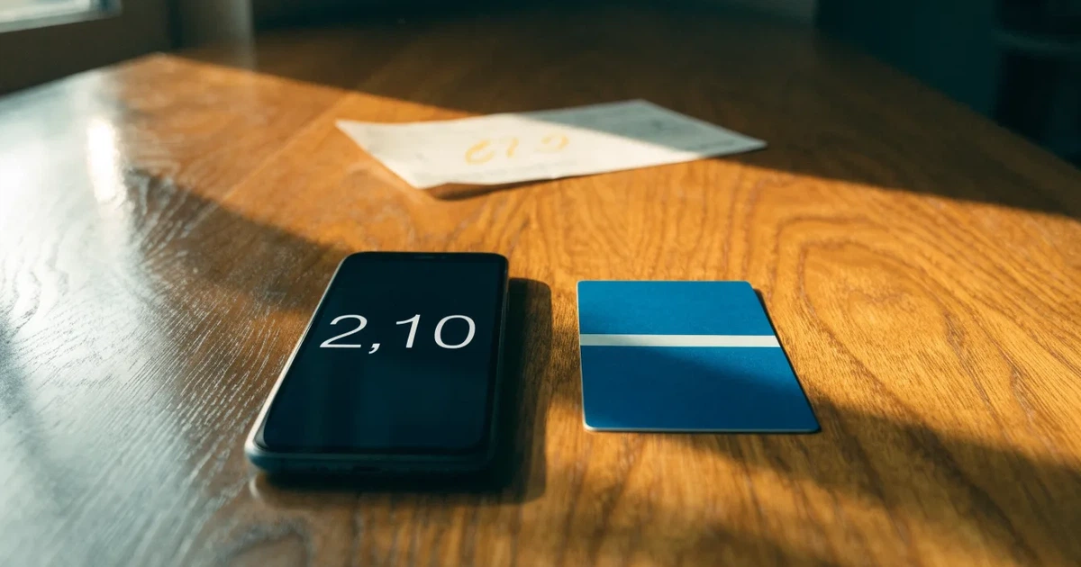 Uno smartphone e una carta di pagamento affiancati su un tavolo di legno, con alcune banconote da euro accanto