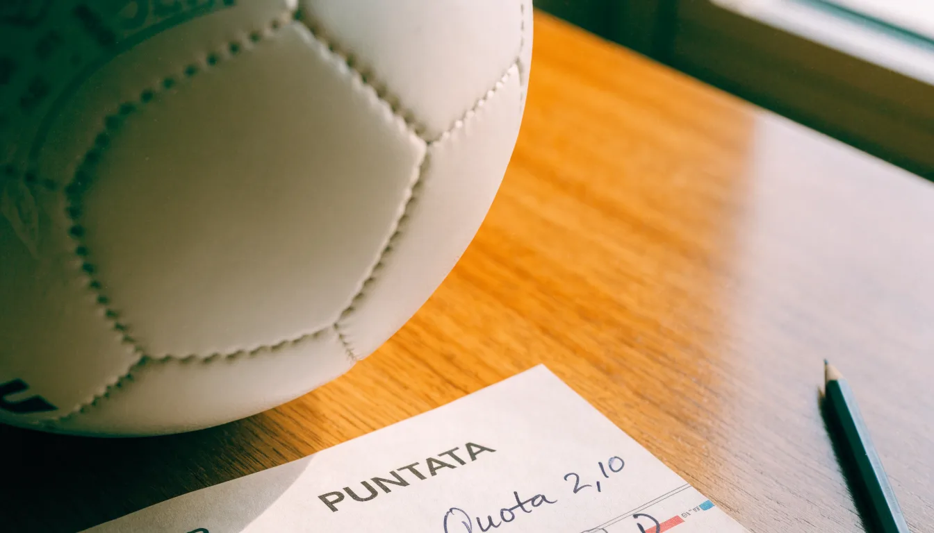 Un pallone da calcio appoggiato su una schedina bianca su un tavolo di legno, alla luce del giorno