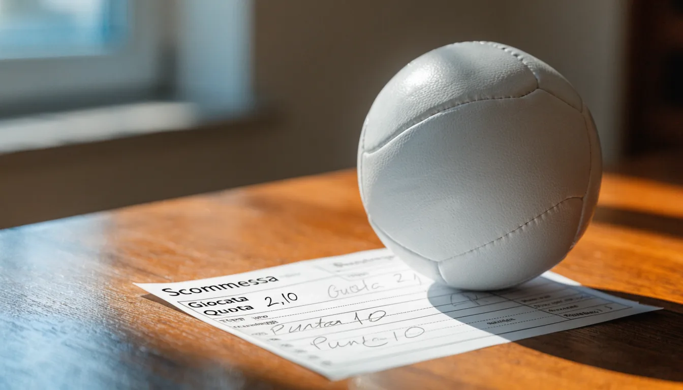 Un pallone da calcio appoggiato su una schedina bianca su un tavolo di legno, alla luce del giorno