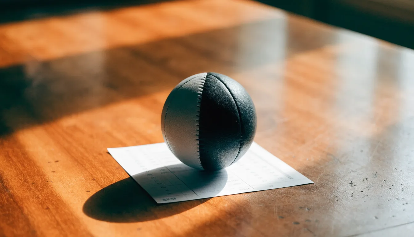 Un pallone da calcio appoggiato su una schedina bianca su un tavolo di legno, alla luce del giorno