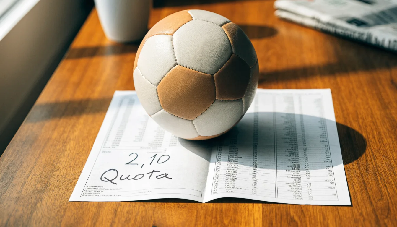 Un pallone da calcio appoggiato su una schedina bianca su un tavolo di legno, alla luce del giorno