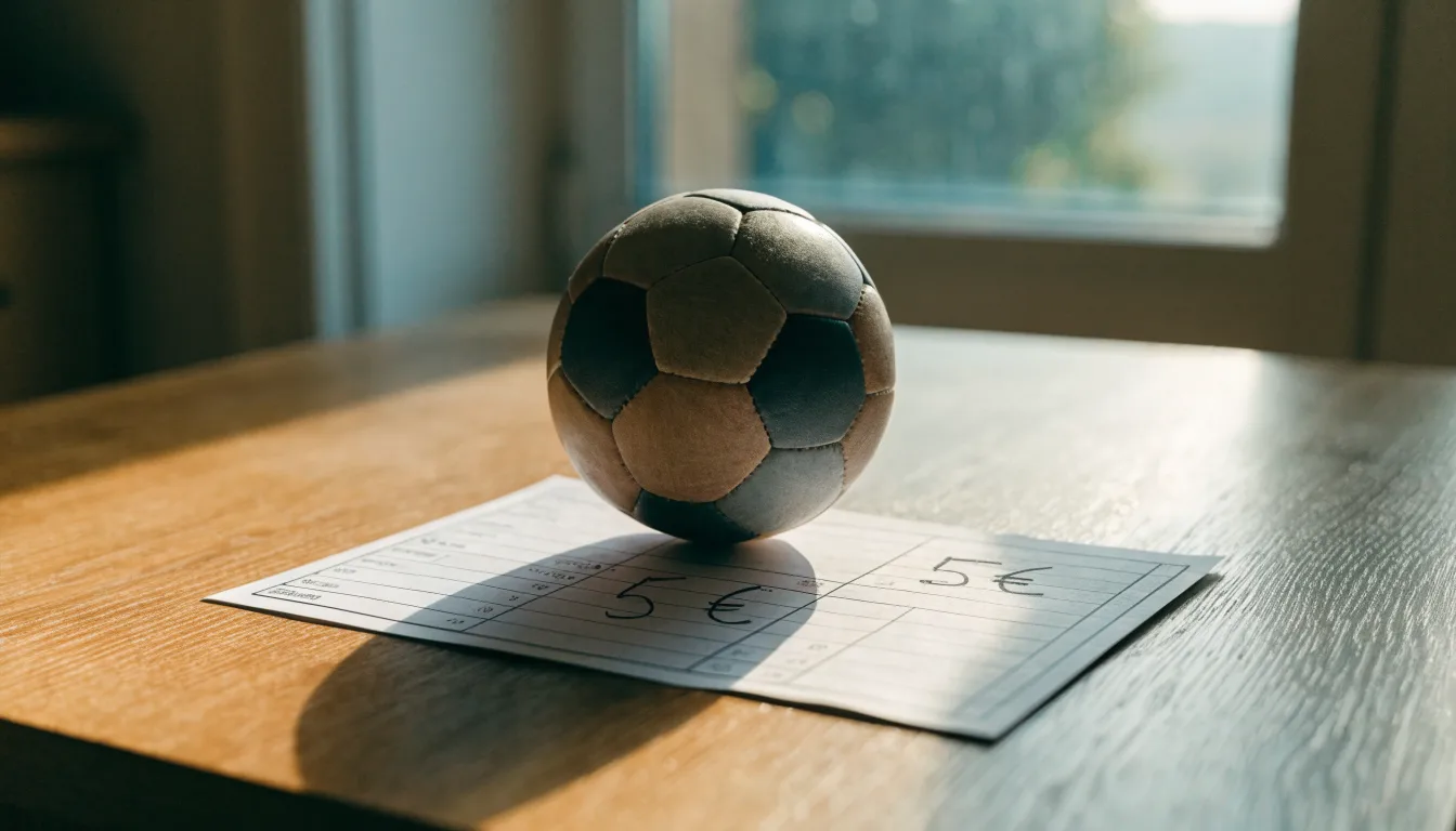 Un pallone da calcio appoggiato su una schedina bianca su un tavolo di legno, alla luce del giorno