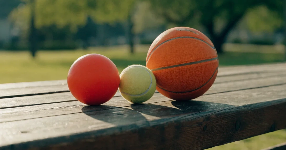 Tre palloni di sport diversi allineati uno accanto all'altro su una panca di legno