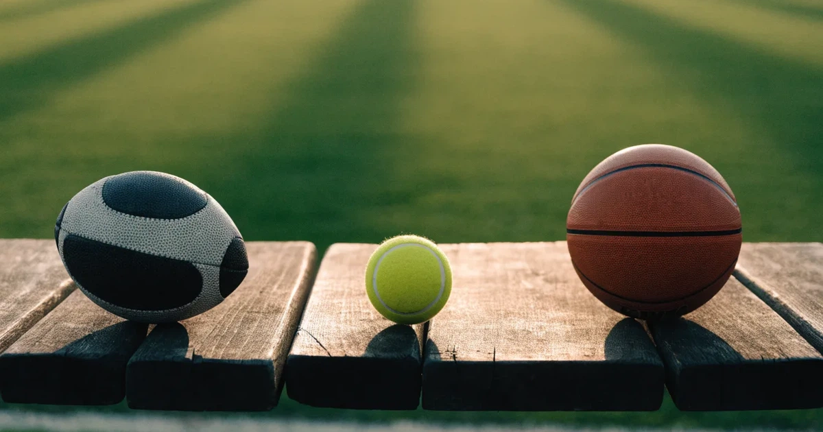 Tre palloni di sport diversi allineati uno accanto all'altro su una panca di legno