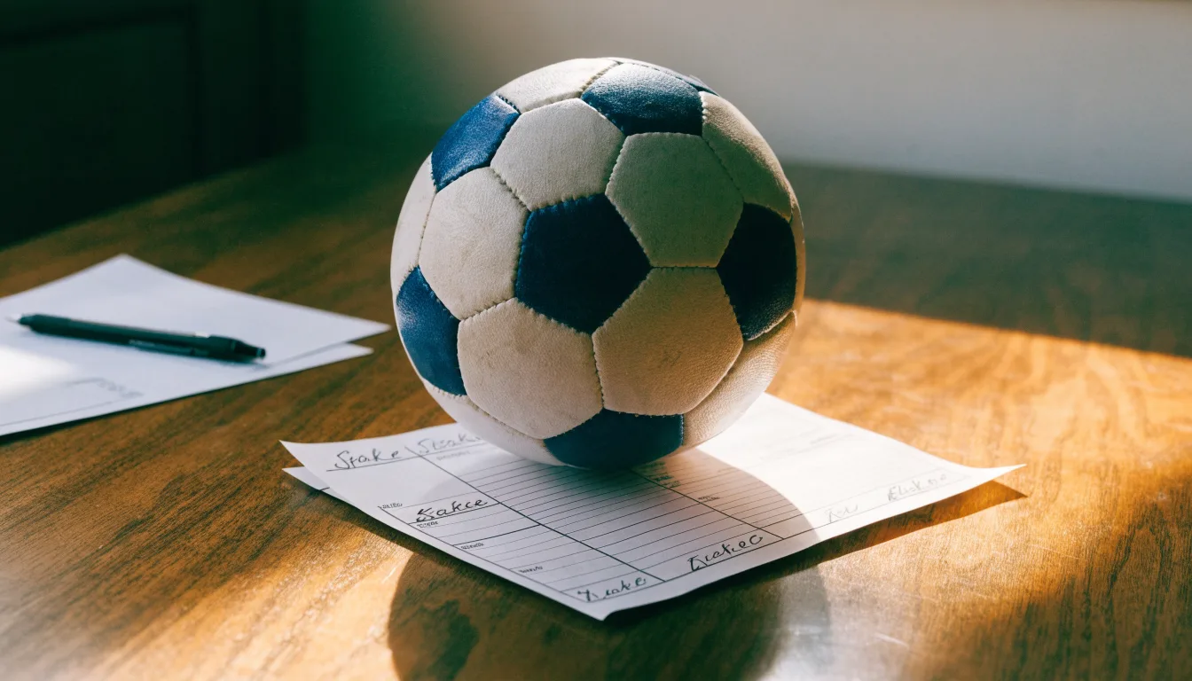 Un pallone da calcio appoggiato su una schedina bianca su un tavolo di legno, alla luce del giorno