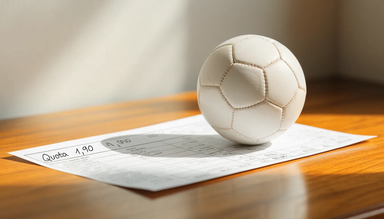 Un pallone da calcio appoggiato su una schedina bianca su un tavolo di legno, alla luce del giorno