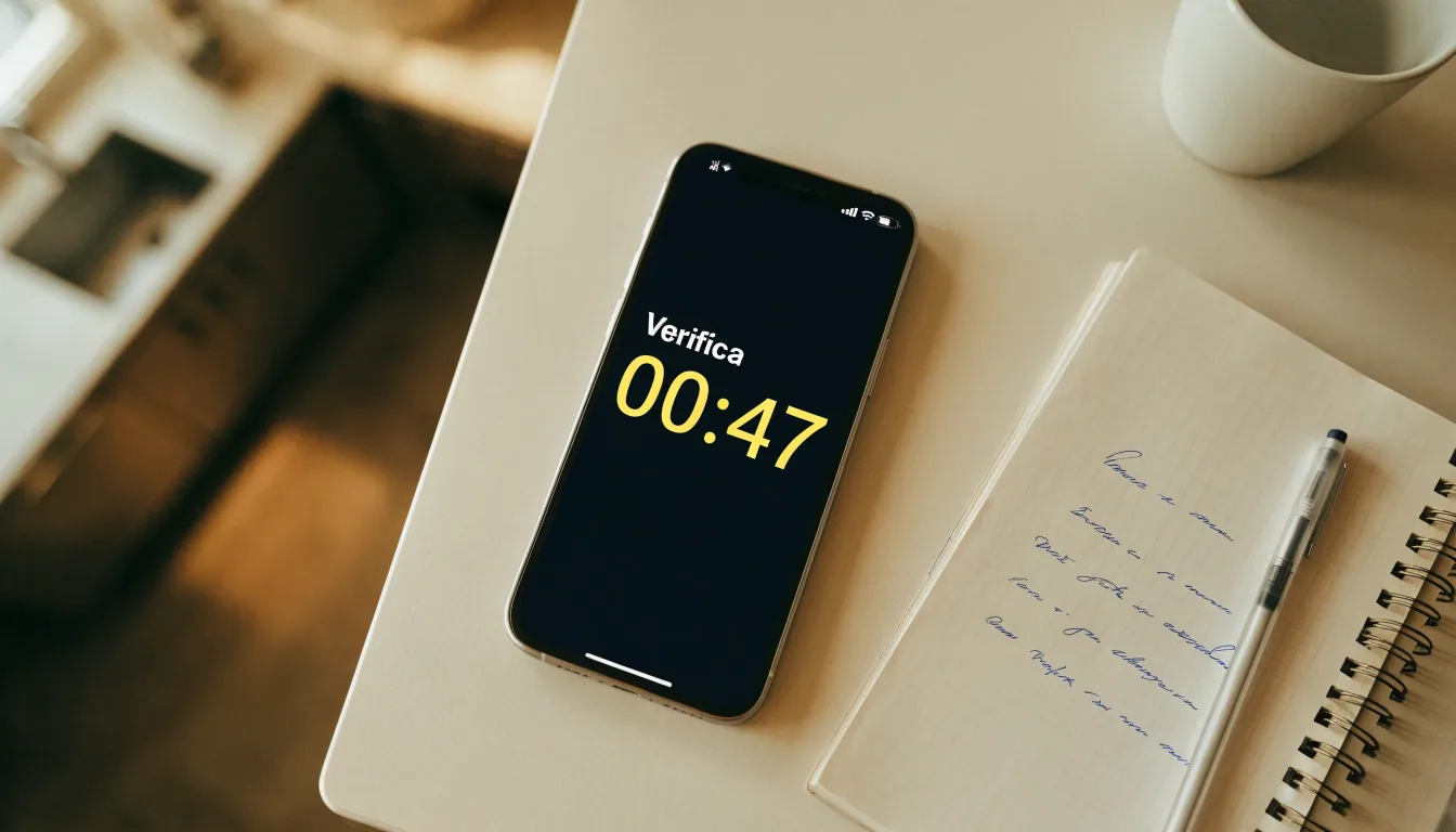 Un documento di identità appoggiato accanto a uno smartphone con un timer sullo schermo, su un tavolo da cucina