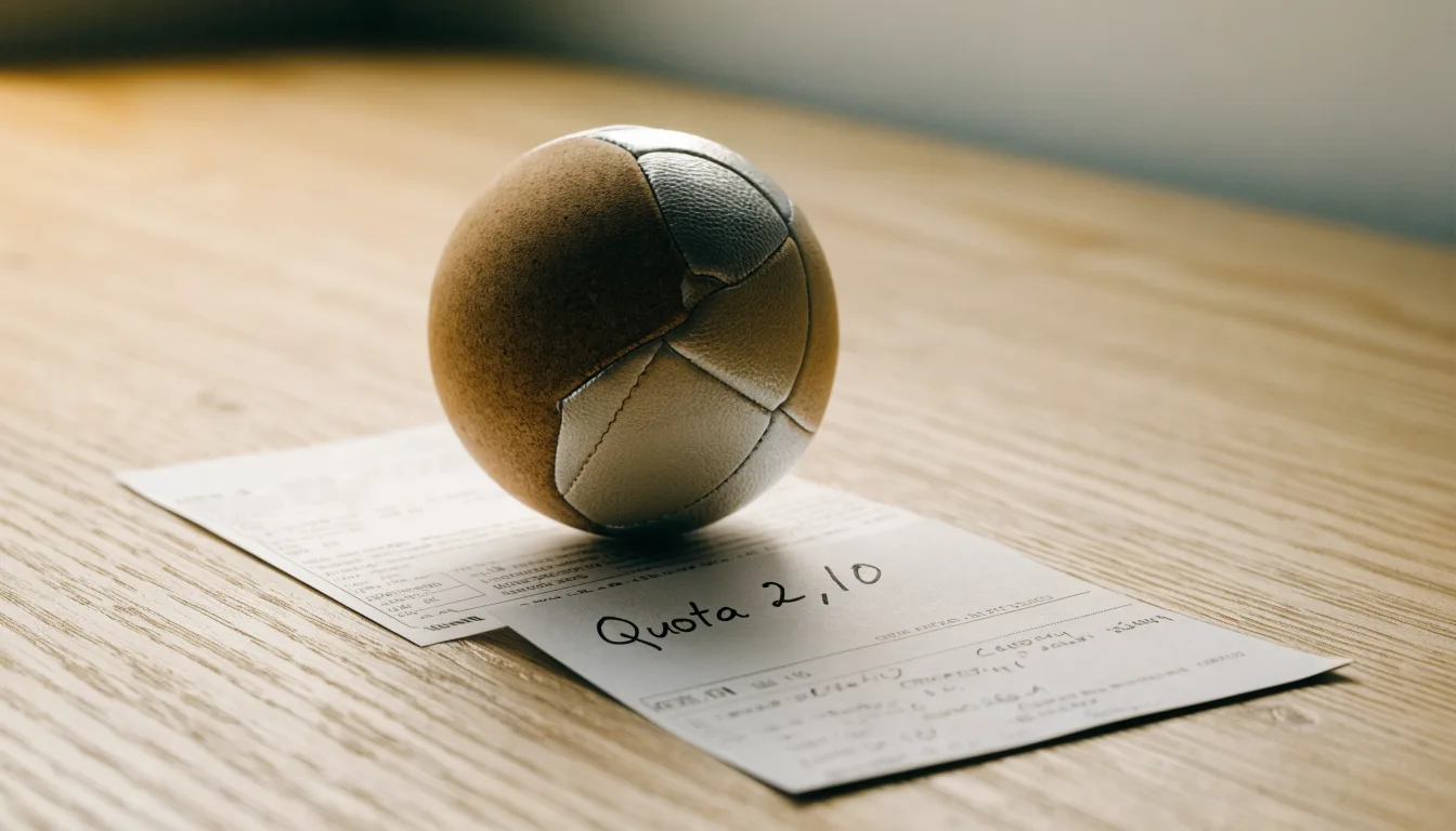 Un pallone da calcio appoggiato su una schedina bianca su un tavolo di legno, alla luce del giorno