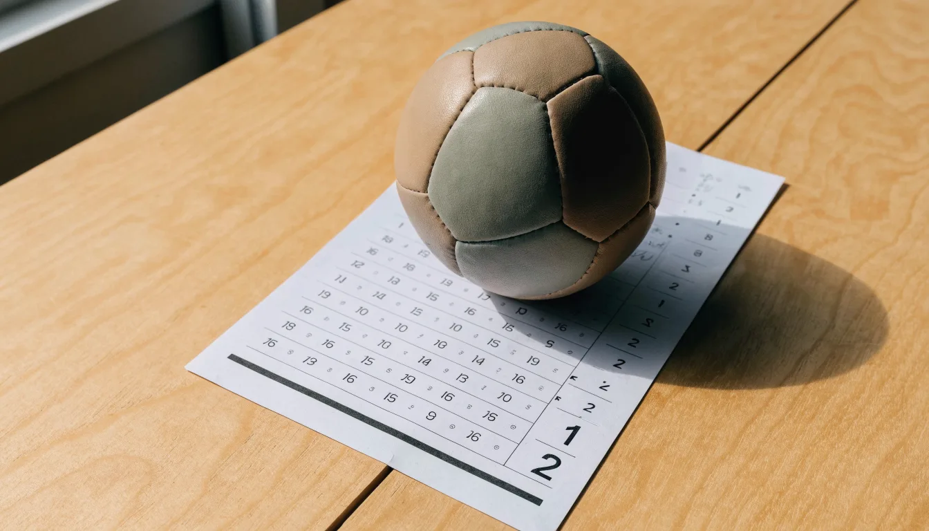 Un pallone da calcio appoggiato su una schedina bianca su un tavolo di legno, alla luce del giorno