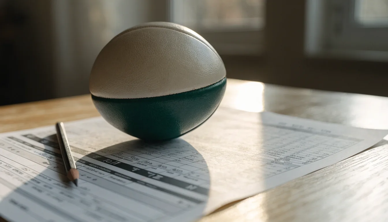 Un pallone da calcio appoggiato su una schedina bianca su un tavolo di legno, alla luce del giorno