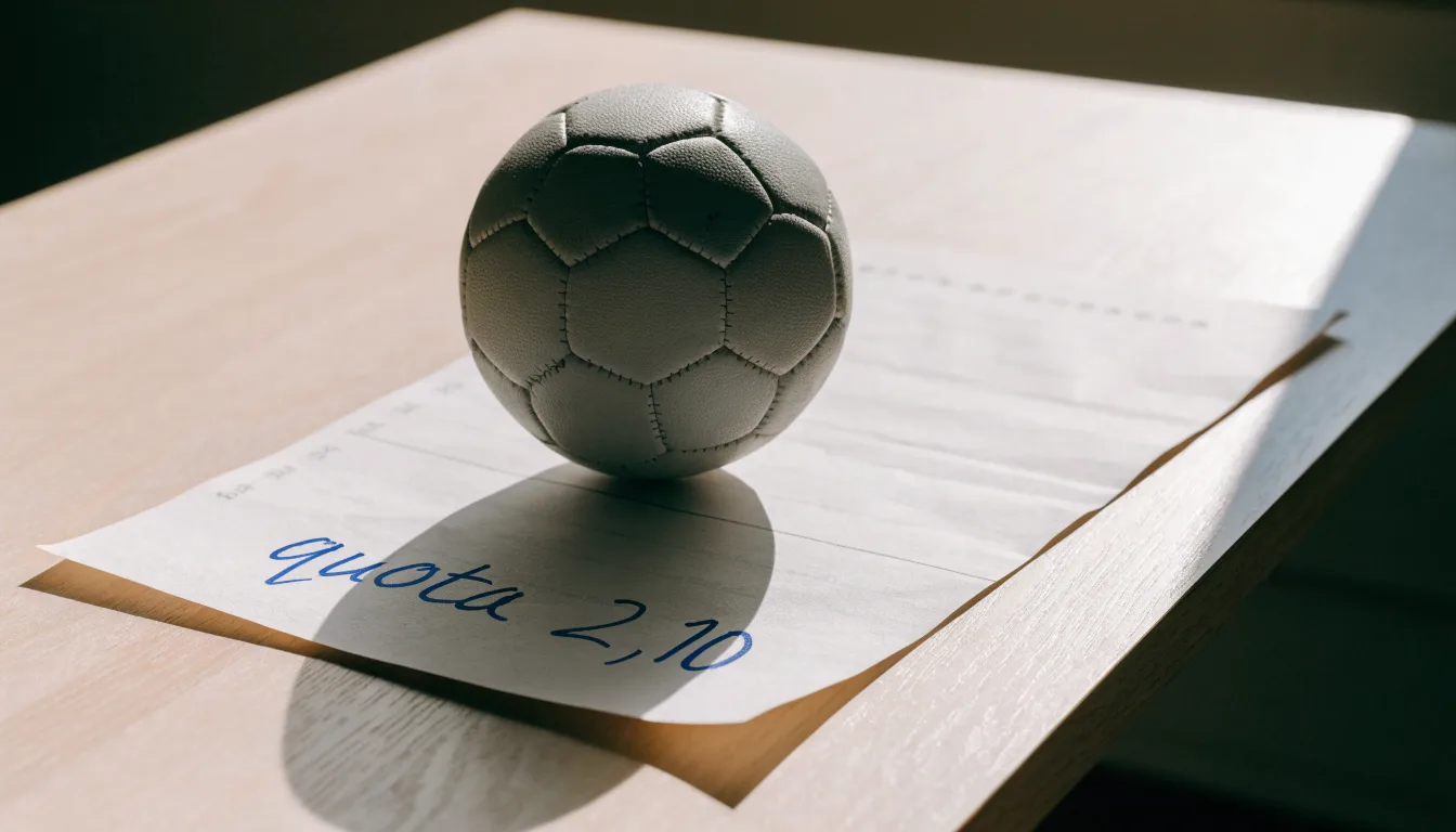 Un pallone da calcio appoggiato su una schedina bianca su un tavolo di legno, alla luce del giorno