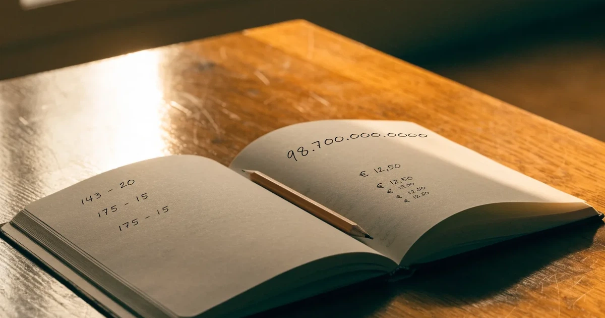 Un quaderno aperto con quote scritte a mano, una calcolatrice e una matita su un tavolo di legno