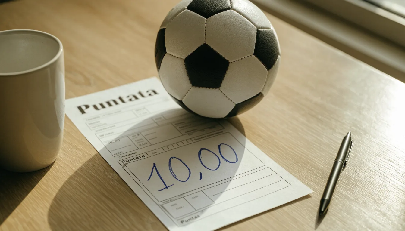 Un pallone da calcio appoggiato su una schedina bianca su un tavolo di legno, alla luce del giorno